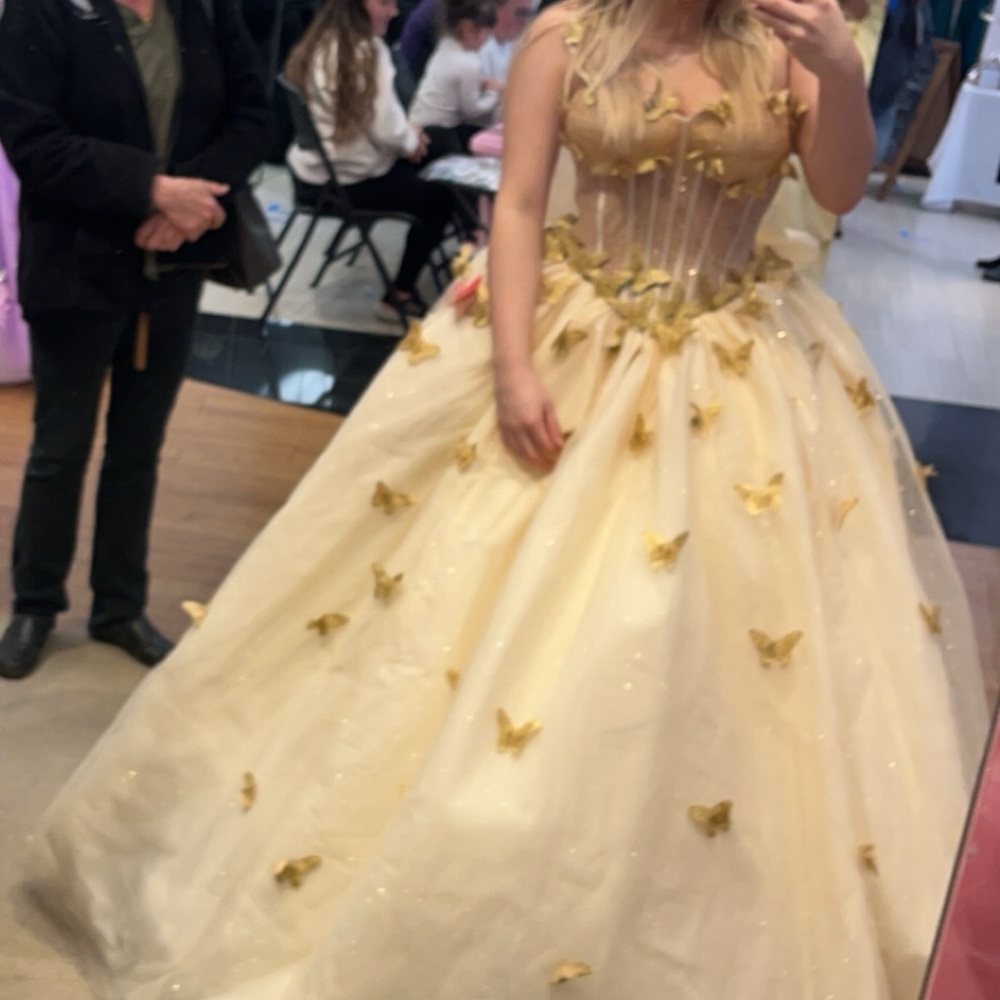 Gold sparkly ball gown with butterflies